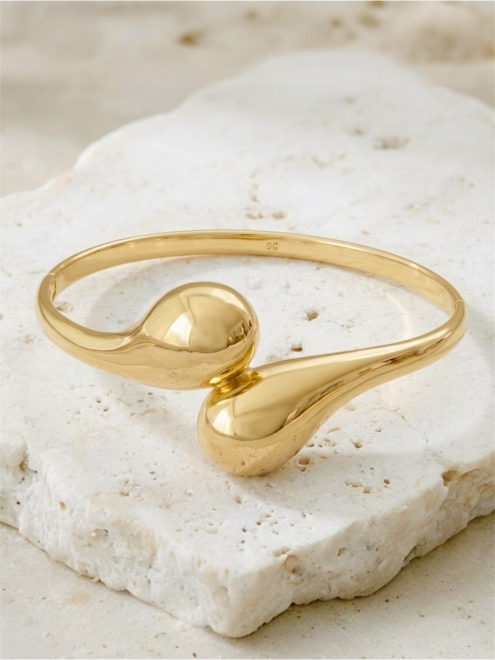 14K Gold Plated Sculptural Teardrop Bangle Bracelet - Water Resistant 60mm